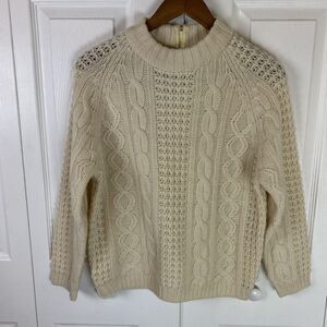 Vintage 100% Pure Wool British Wool M White Sweater Cable Knit Fisherman Cream